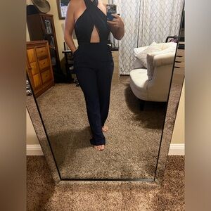 Navy Blue Criss Cross Halter Top Jumpsuit With Pockets Open Back size 8 OOC